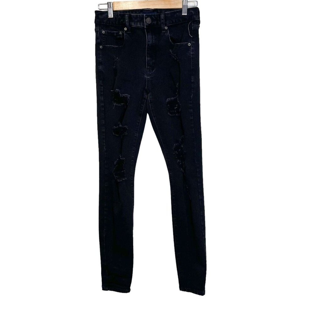 Aeropostale Jeans Size 6 Long‎ Womens High Rise Distressed Jegging Black Denim